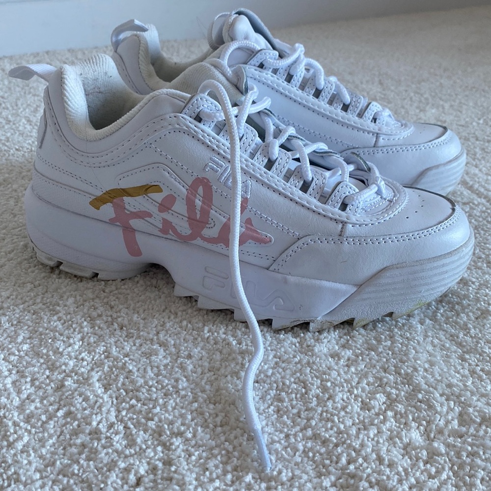 Fila disruptor script pink and gold shoes